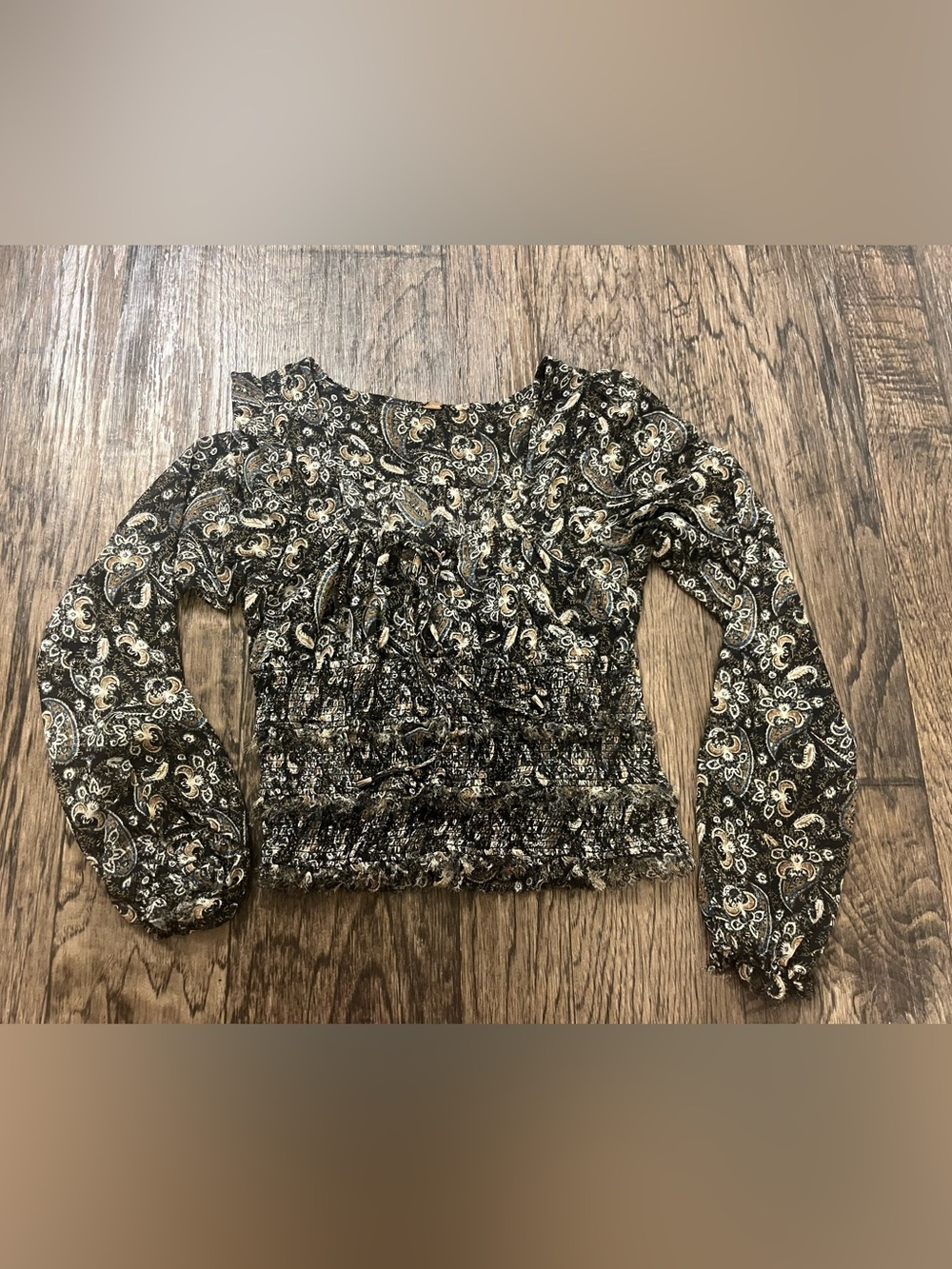 Free People Black Paisley Smocked Long-Sleeve Peasant Top